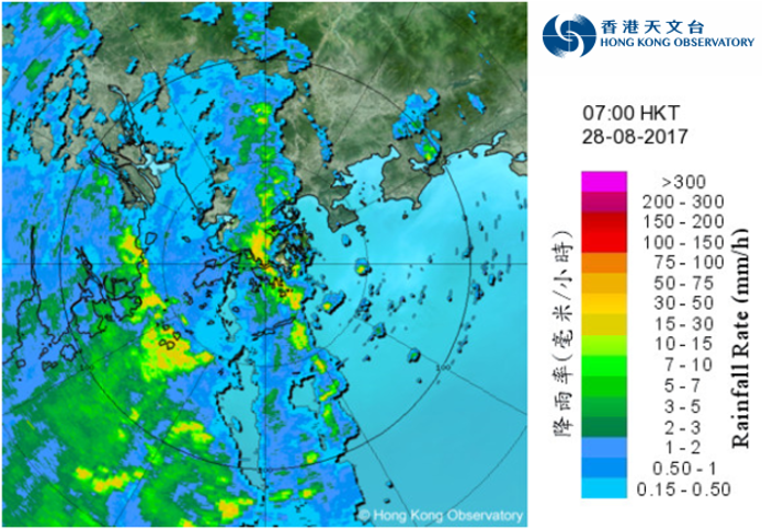 Image of radar echoes at 7 a.m. on 28 August 2017. Pakhar had already weakened into an area of low pressure but the rainbands associated with its remnant were bringing rainstorms to Hong Kong.