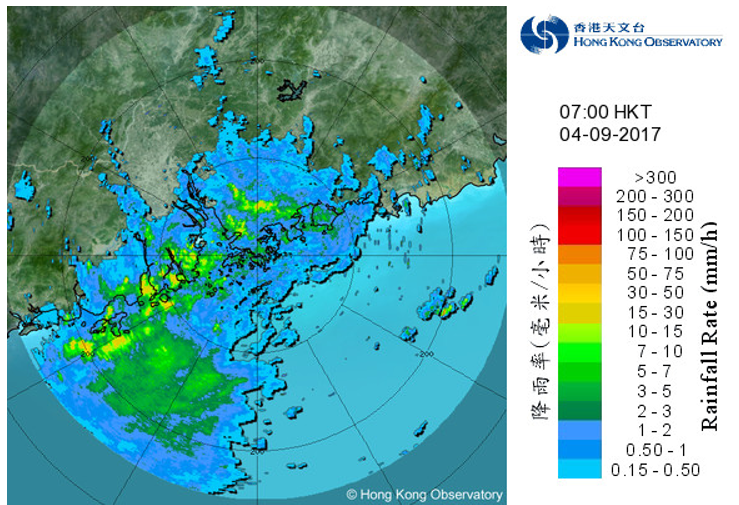 Radar image at 7:00 a.m. on 4 September 2017 when Mawar was moving across inland Guangdong and its rainbands affecting Guangdong and the northern part of the South China Sea.