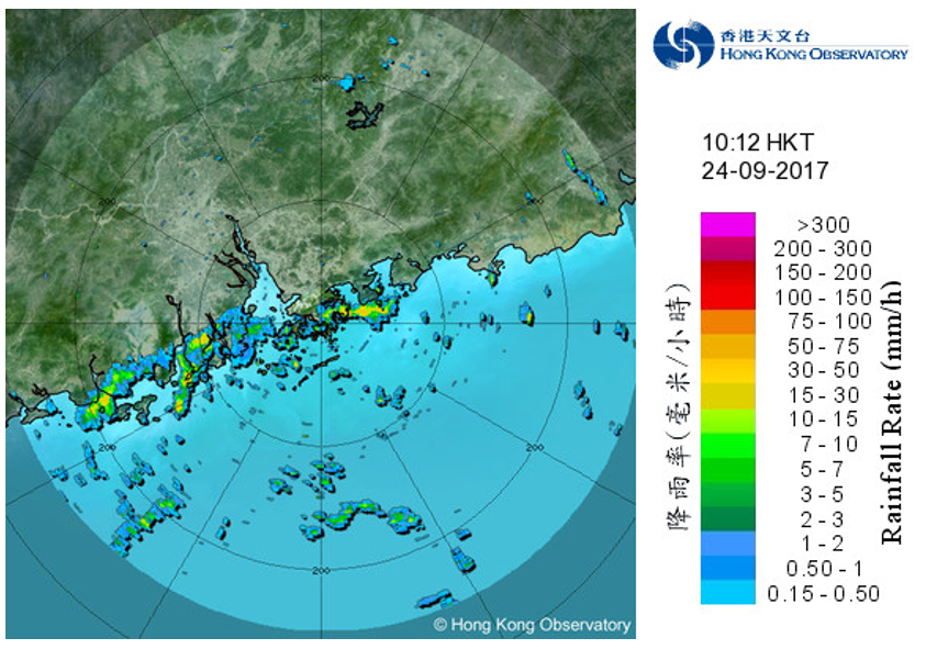 Radar image at 10:12 a.m. on 24 September 2017 showing the outer rainbands of the Tropical Depression affecting the coastal areas of Guangdong.
