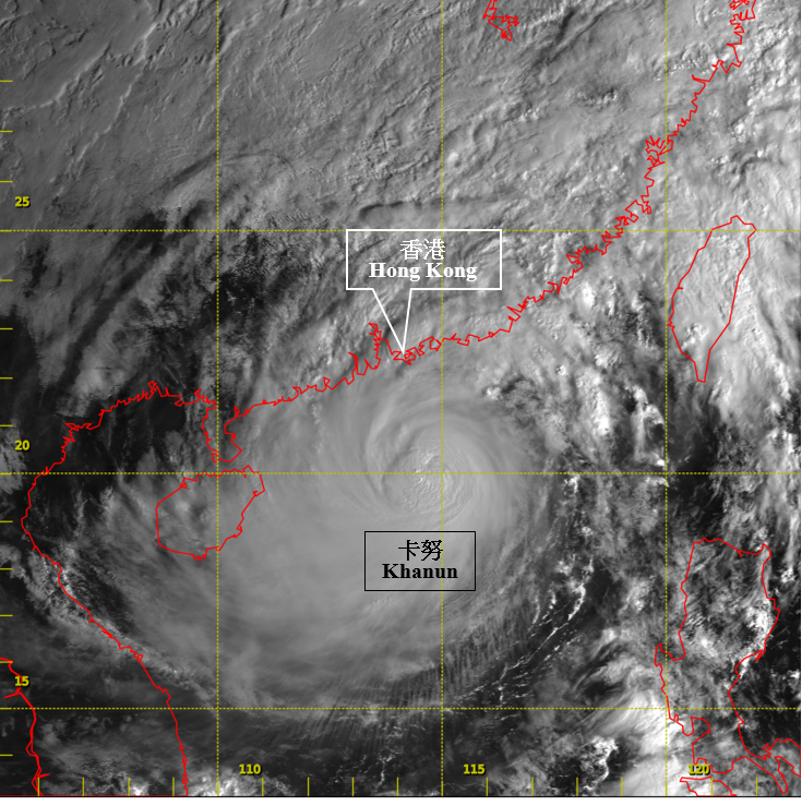 Visible satellite imagery around 8 a.m. on 15 October 2017, when Khanun was at peak intensity with estimated maximum sustained winds of 155 km/h near its centre.