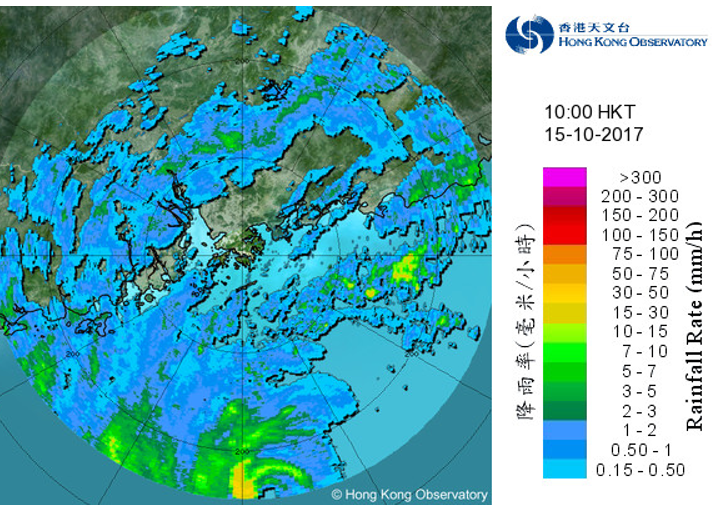 Image of radar echoes at 10:00 a.m. on 15 October 2017 when the centre of Khanun was to the south of Hong Kong. The rainbands associated with Khanun were affecting the coast of Guangdong and the northern part of the South China Sea.