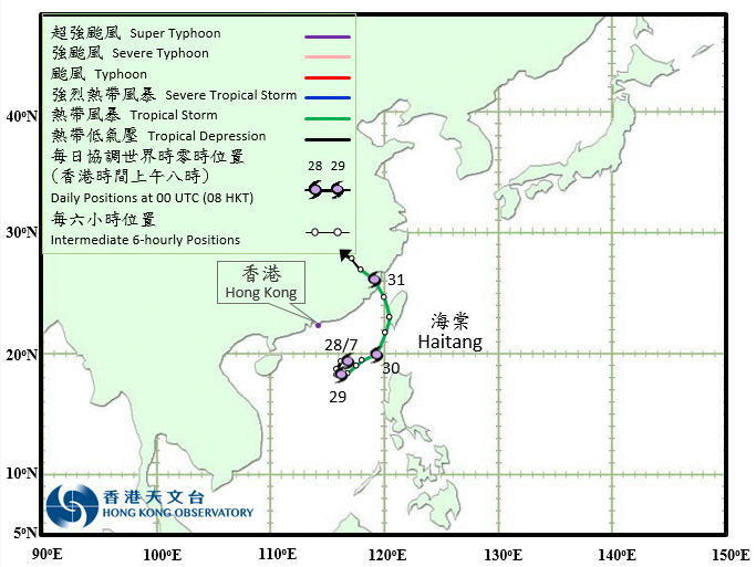 熱帶風暴海棠的路徑圖
