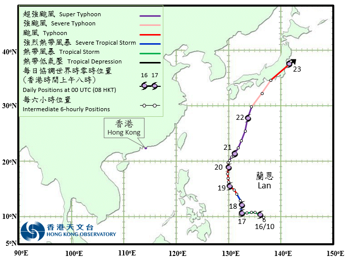 超強颱風蘭恩的路徑圖