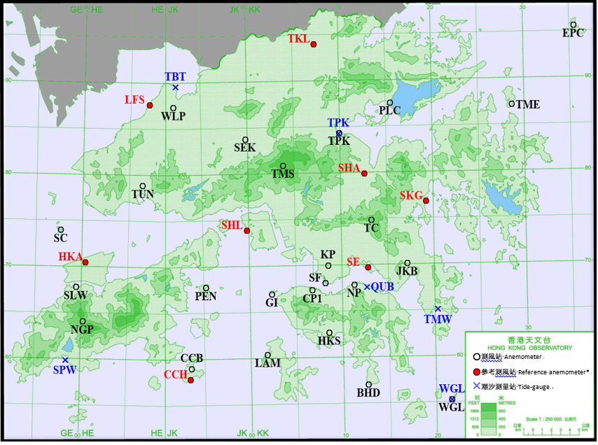 Locations of anemometers and tide gauge stations mentioned in this annual report.