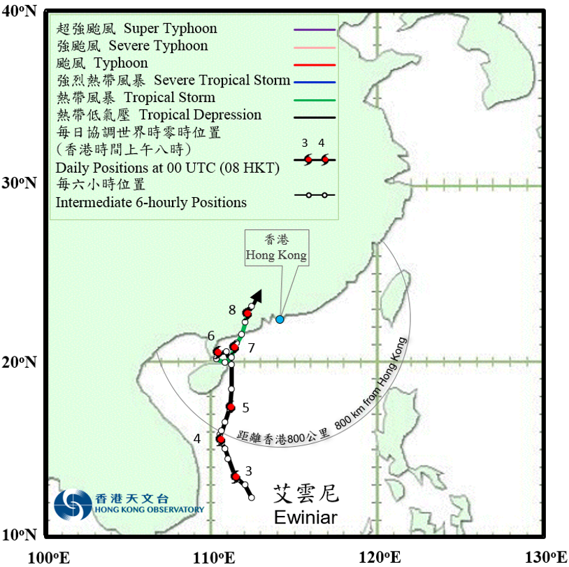 二零一八年六月二日至八日艾雲尼的路徑圖。