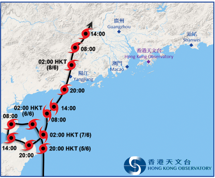 艾雲尼接近香港時的路徑圖。