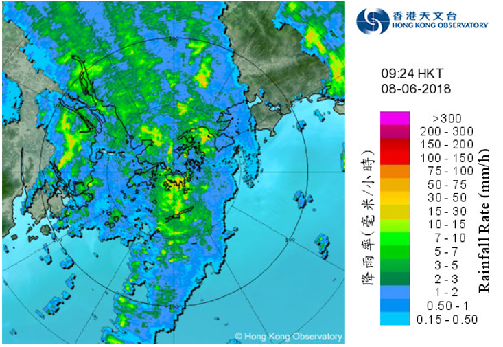 Image of radar echoes at 9:24 a.m. on 8 June 2018.