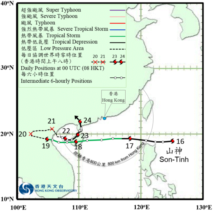 二零一八年七月十六日至二十四日山神的路径图。