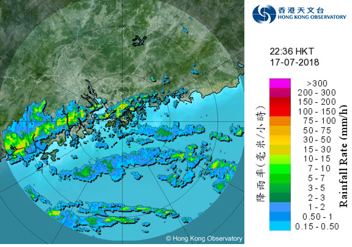 Image of radar echoes at 10:36 p.m. on 17 July 2018.