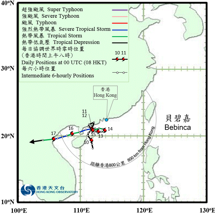Track of Bebinca on 9 – 17 August 2018.