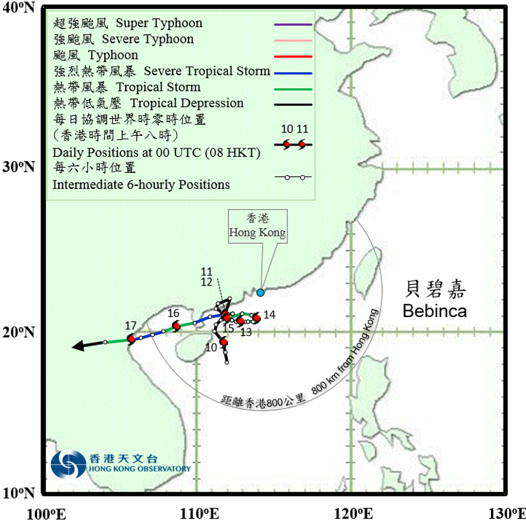 二零一八年八月九日至十七日貝碧嘉的路徑圖。