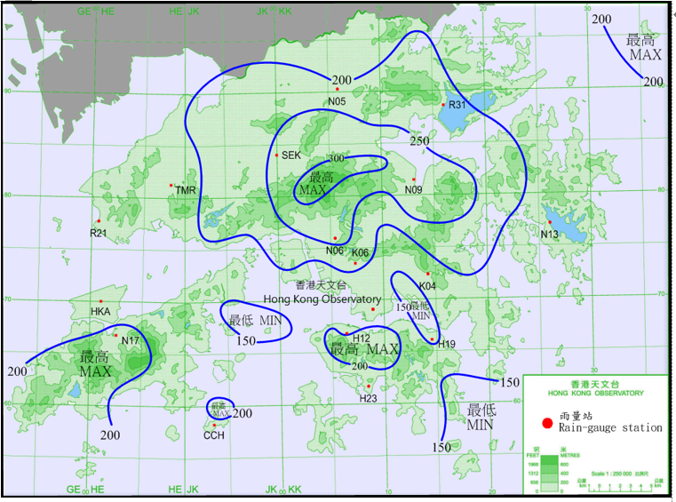 二零一八年八月九日至十五日的雨量分佈。