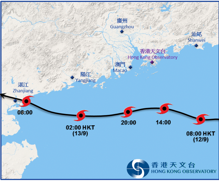 百里嘉接近香港時的路徑圖。