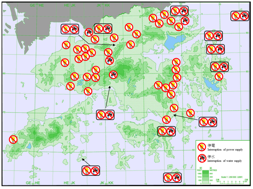 在山竹的影響下，有關電力及食水中斷的報告。
