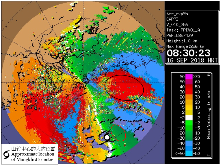 Radar imagery showing the Doppler velocity at 8:30 a.m. on 16 September 2018.