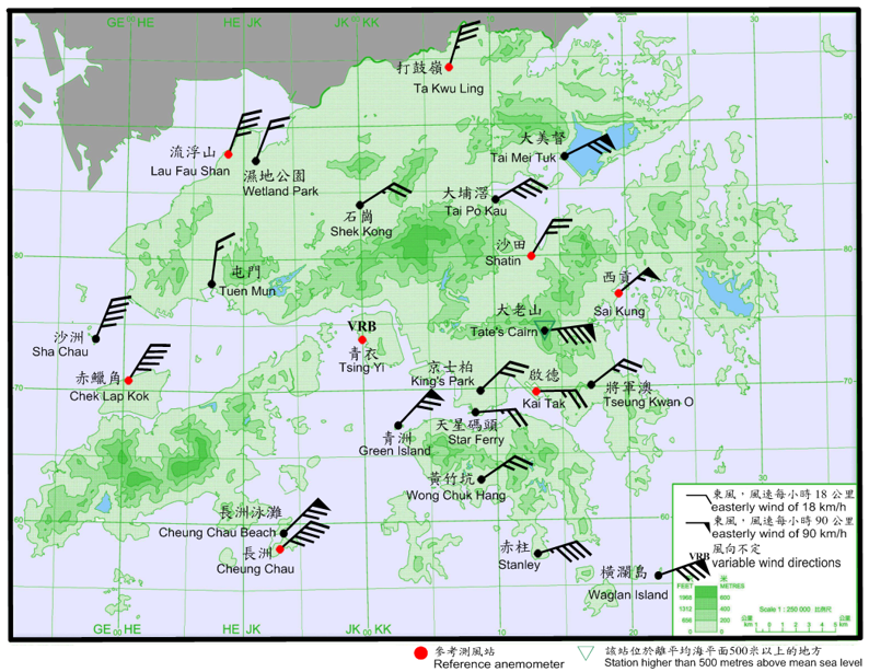 二零一八年九月十六日上午11時正香港各站錄得的十分鐘平均風向和風速。