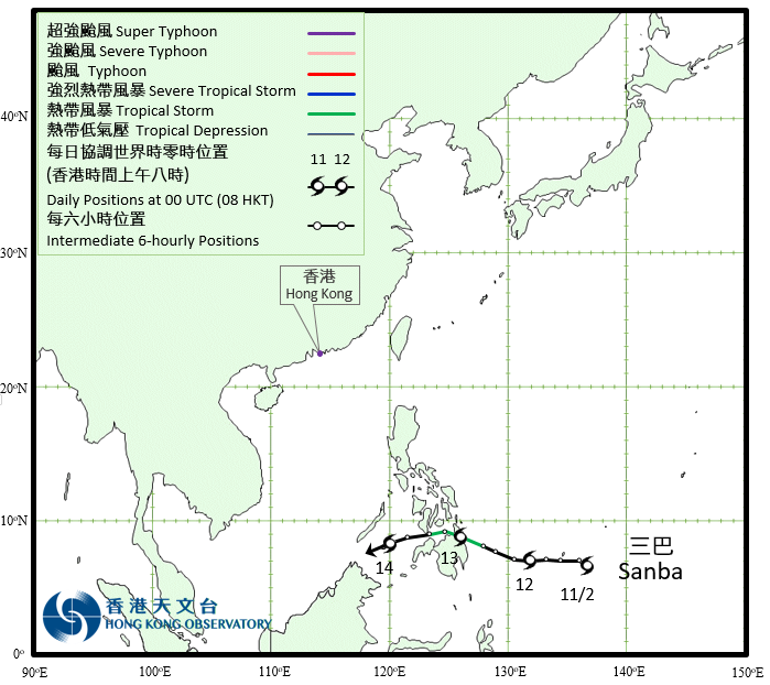 熱帶風暴三巴的路徑圖