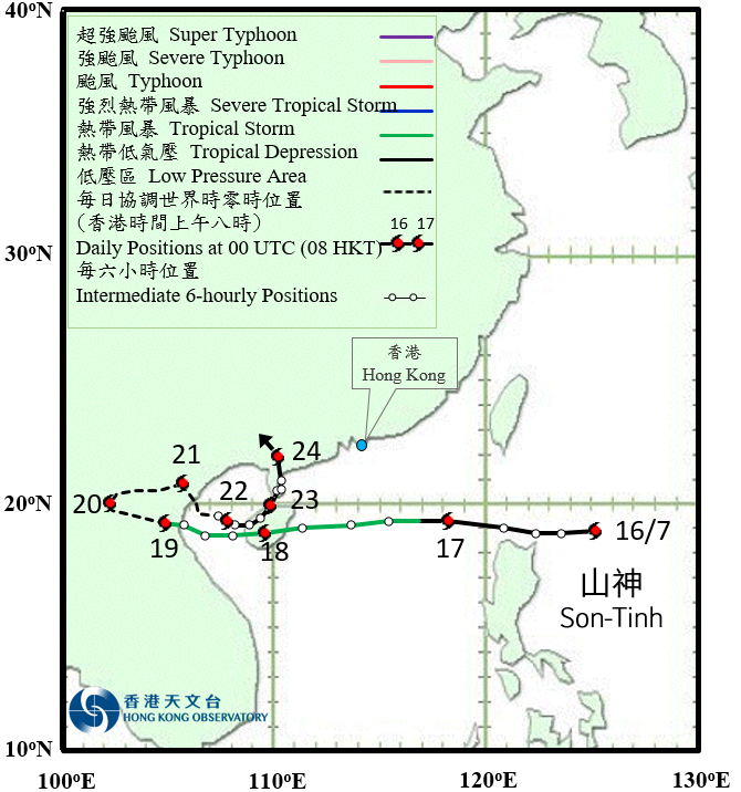 熱帶風暴山神的路徑圖