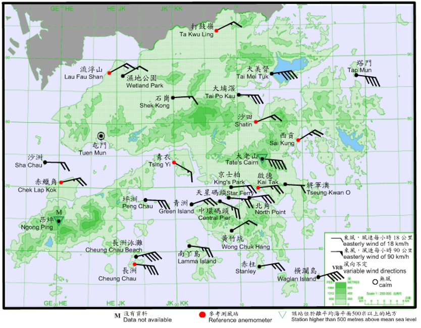 10-minute mean wind direction and speed recorded at various stations in Hong Kong at 2:10 p.m. on 31 July 2019.