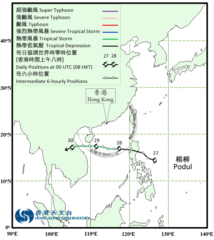 二零一九年八月二十七日至三十日杨柳的路径图。