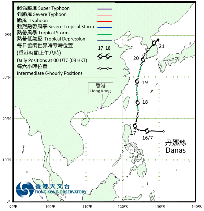 热带风暴丹娜丝的路径图