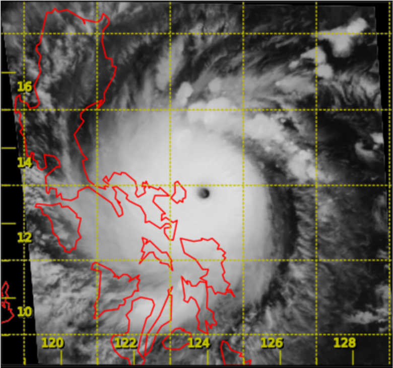 Infra-red satellite imagery of Super Typhoon Goni (2019) around 2 a.m. on 1 November 2020, when Goni was at its peak intensity with estimated maximum sustained winds of 275 km/h near its centre and minimum sea-level pressure of 895 hPa.