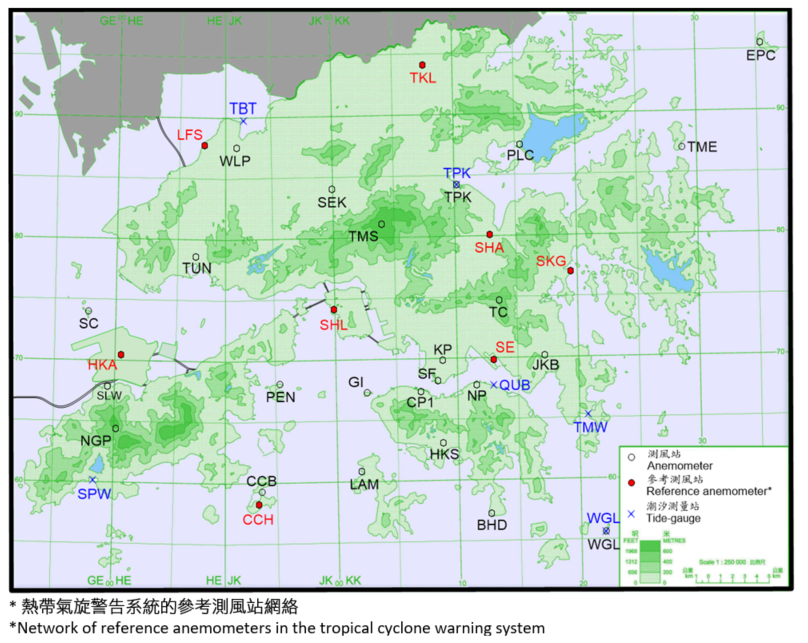 Locations of anemometers and tide gauge stations mentioned in this annual report