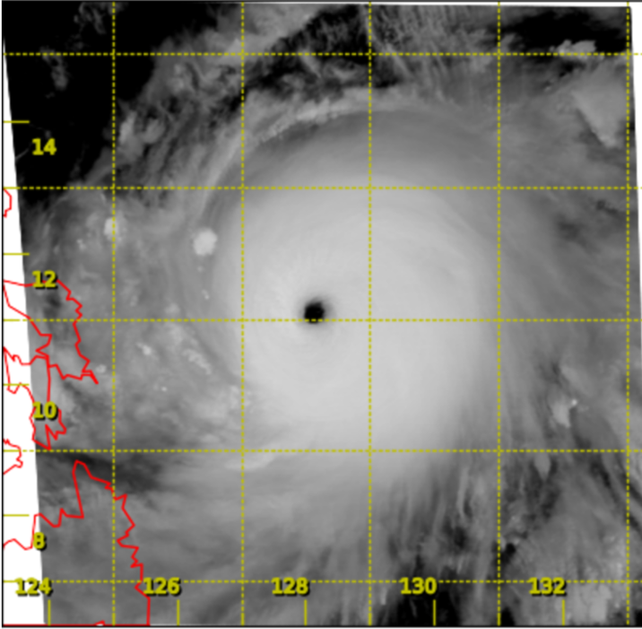 Infra-red satellite imagery of Super Typhoon Surigae (2102) around 8 p.m. on 17 April 2021, when Surigae was at its peak intensity with an estimated maximum sustained wind of 240 km/h near its centre and a minimum sea-level pressure of 910 hPa.