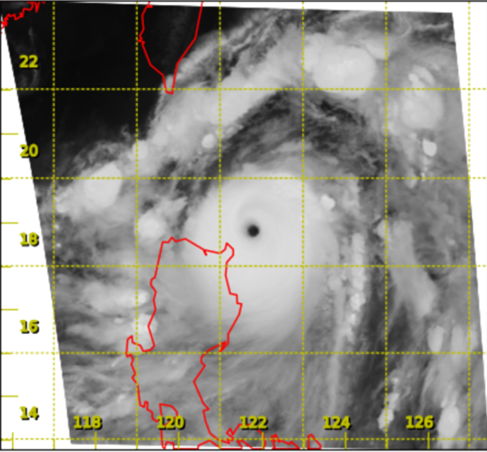 Infra-red satellite imagery of Super Typhoon Chanthu (2114) around 8 p.m. on 10 September 2021, when Chanthu was at its peak intensity with an estimated maximum sustained wind of 240 km/h near its centre and a minimum sea-level pressure of 910 hPa.
