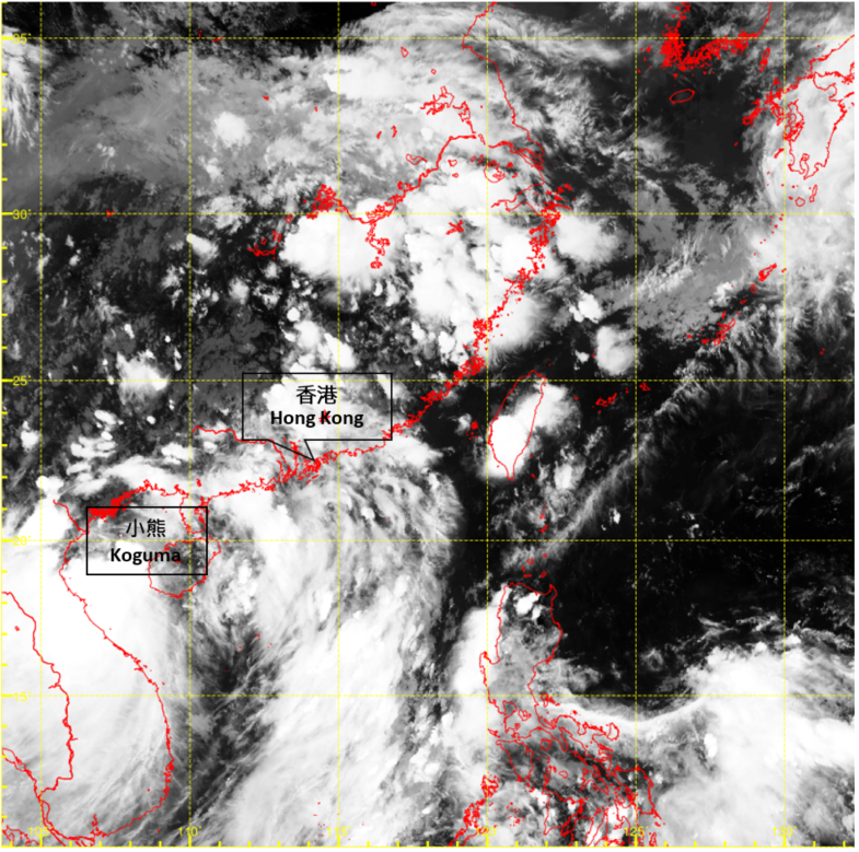 Infra-red satellite imagery around 5 p.m. on 12 June 2021, when Koguma was at its peak intenisty with an estimated sustained wind of 65 km/h near its centre