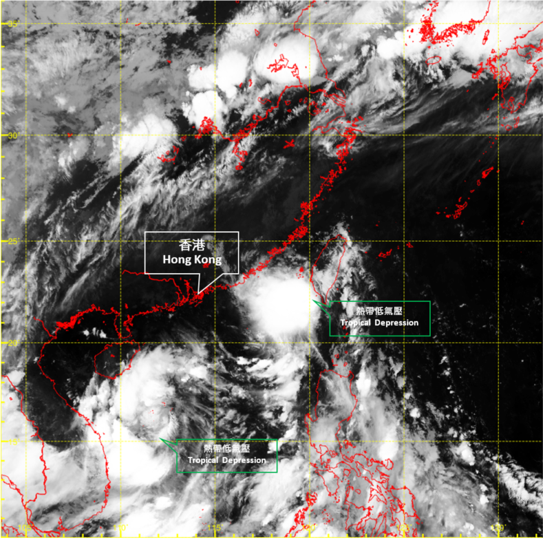 Infra-red satellite imagery around 5 a.m. on 6 July 2021, when the first tropical depression was near the southern part of Taiwan and the second tropical depression was over the central part of the South China Sea
