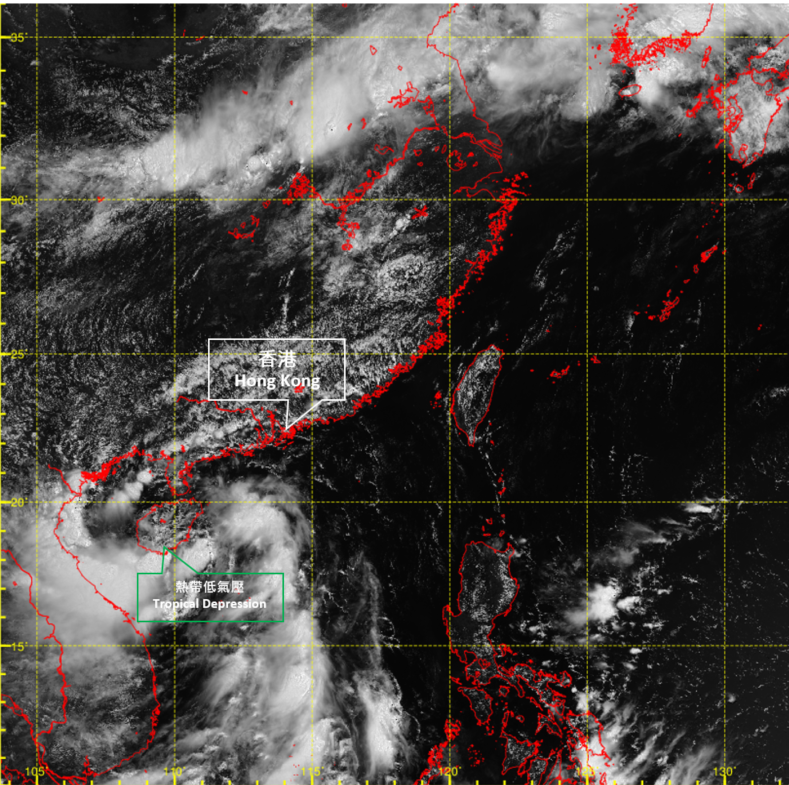 Visible satellite imagery around 11 a.m. on 7 July 2021. The second tropical depression had already made landfall over Hainan Island at that time. The subtropical ridge was bringing generally fine weather to southeastern China and the northeastern part of the South China Sea