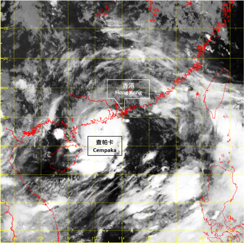 Infra-red satellite imagery around 2 a.m. on 20 July 2021, when Cempaka was at its peak intensity with an estimated sustained wind of 120 km/h near its centre. The convection of Cempaka was relatively small with a diameter of only around 350 km