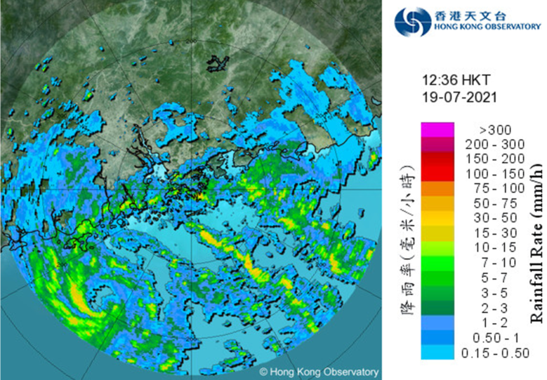 Image of radar echoes at 12:36 p.m. on 19 July 2021 when the outer rainbands of Cempaka were affecting the coast of Guangdong and the northern part of the South China Sea. Amber Rainstorm Warning was in force at that time
