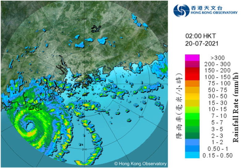 Image of radar echoes at 2:00 a.m. on 20 July 2021 showing clearly the eye of Cempaka with a diameter of about 25 km