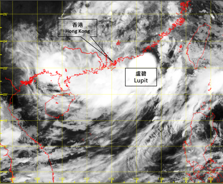 Infra-red satellite imagery around 2 a.m. on 5 August 2021, when Lupit was at its peak intenisty with an estimated sustained wind of 85 km/h near its centre