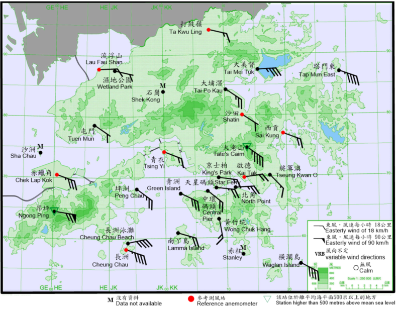 10-minute mean wind direction and speed recorded at various stations in Hong Kong at 3:40 p.m. on 9 October 2021. At that time, winds at Ngong Ping reached hurricane force, while winds at Tap Mun East, Tate’s Cairn, Waglan Island, Cheung Chau and Cheung Chau Beach reached gale force