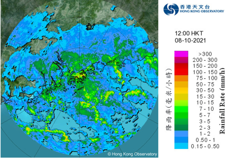 Radar echoes captured at noon on 8 October 2021 when the intense rainbands associated with Lionrock were affecting Hong Kong. The No. 3 Strong Wind Signal, Black Rainstorm Warning, Landslip Warning, Special Announcement on Flooding in the northern New Territories and thunderstorm warning were in force