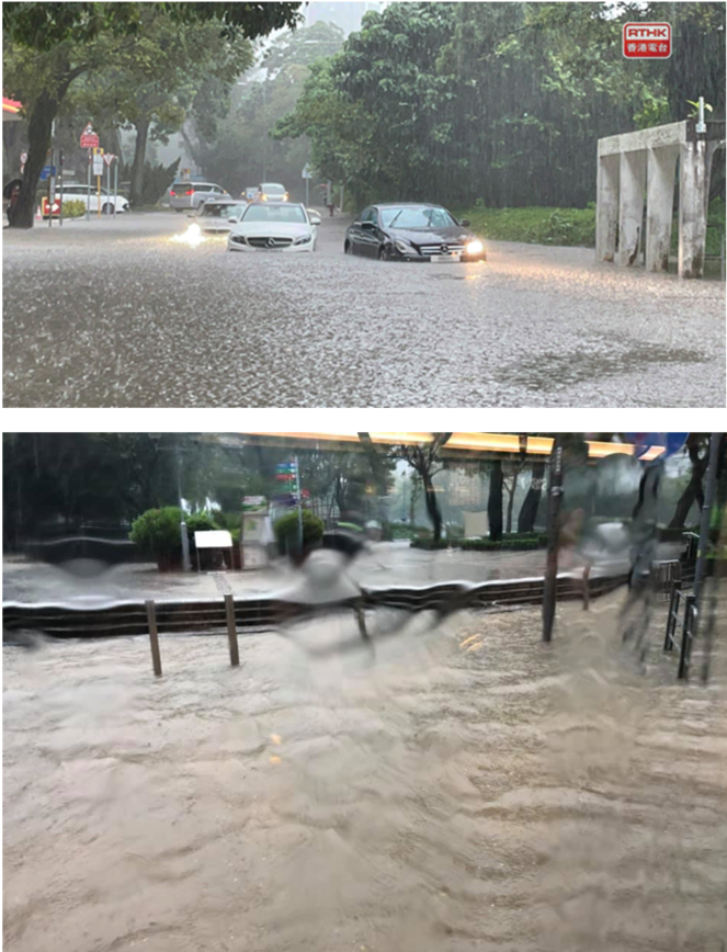 Serious flooding at Tai Hang Road (top) and Victoria Park (bottom) during the rainstorm on 8 October 2021