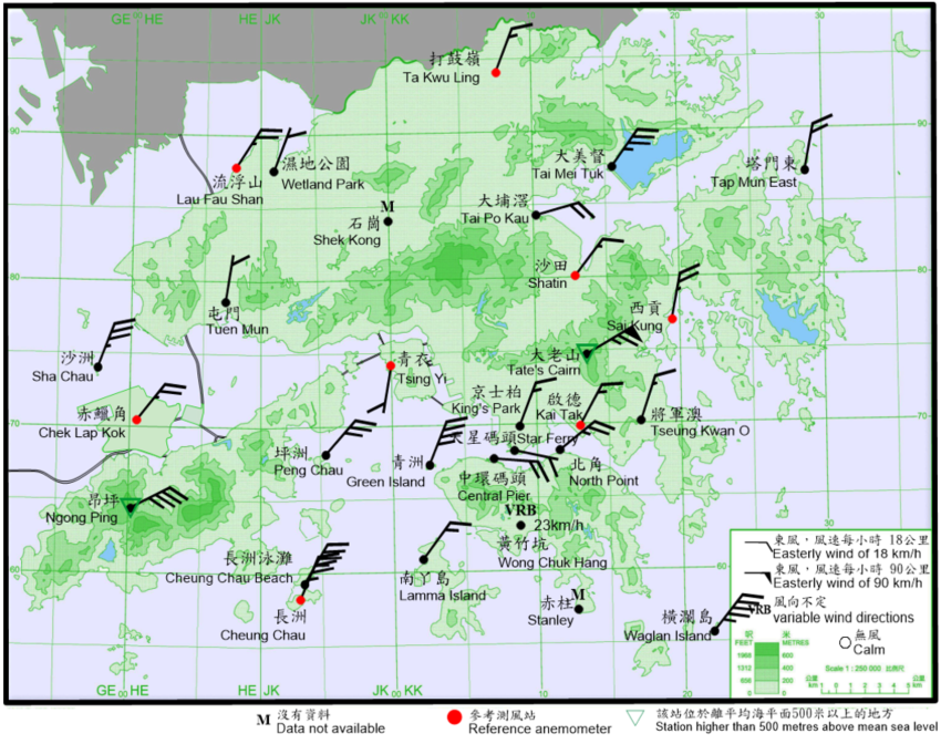 10-minute mean wind direction and speed recorded at various stations in Hong Kong at 4:20 a.m. on 13 October 2021. At that time, winds at Tate’s Cairn reached hurricane force, while winds at Green Island, Ngong Ping, Waglan Island, Cheung Chau and Cheung Chau Beach reached gale force