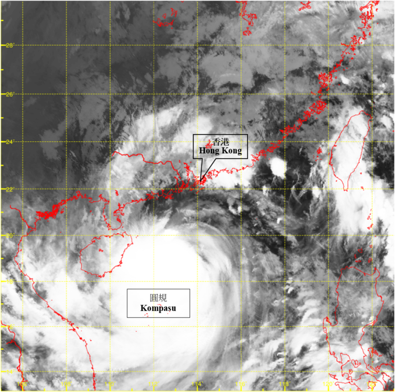Infra-red satellite imagery around 5 a.m. on 13 October 2021 when Kompasu was at its peak intensity with an estimated maximum sustained wind of 120 km/h near its centre
