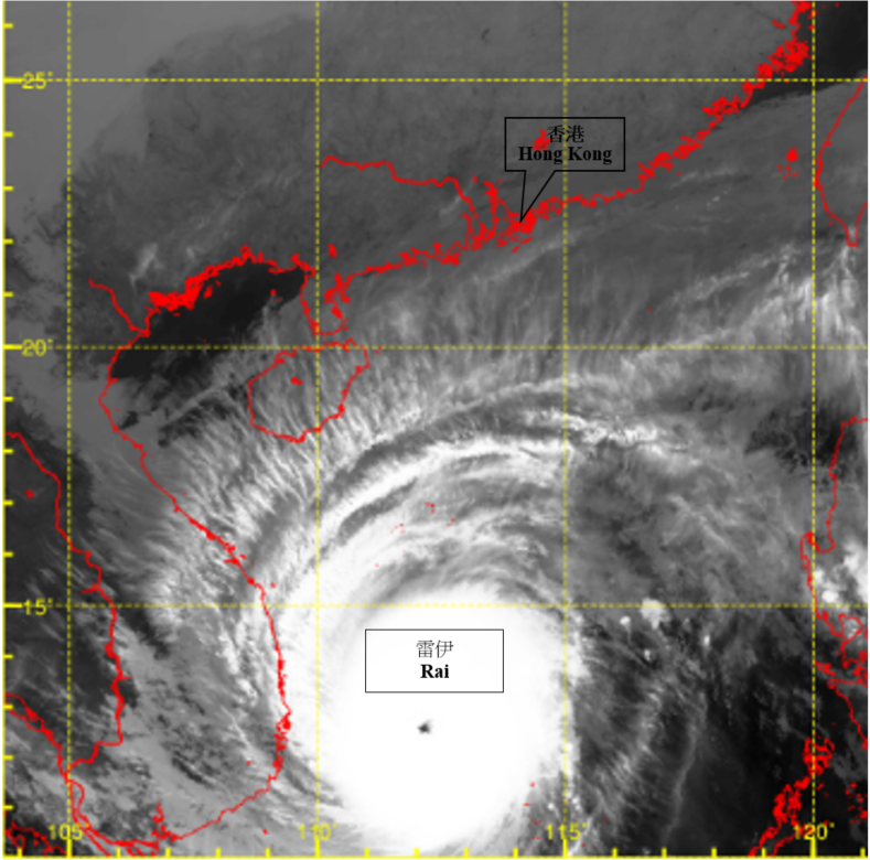 Infra-red satellite imagery around 2 a.m. on 19 December 2021 when Rai was at its peak intensity with an estimated maximum sustained wind of 205 km/h near its centre
