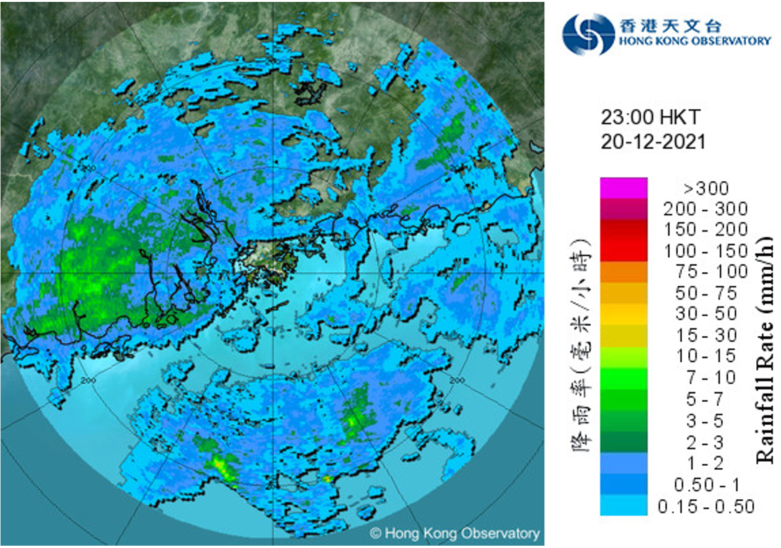 Radar echoes captured at 11 p.m. on 20 December 2021 when the rainbands associated with Rai were affecting the coast of Guangdong and the northern part of the South China Sea