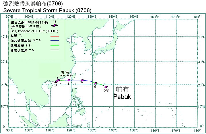 Track of Severe Tropical Storm Pabuk