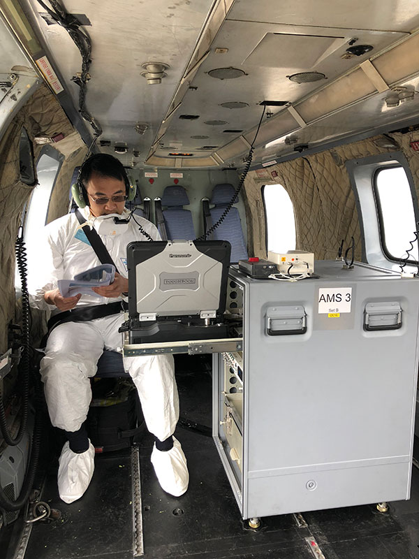 Staff of the Observatory operates the system on board the helicopter