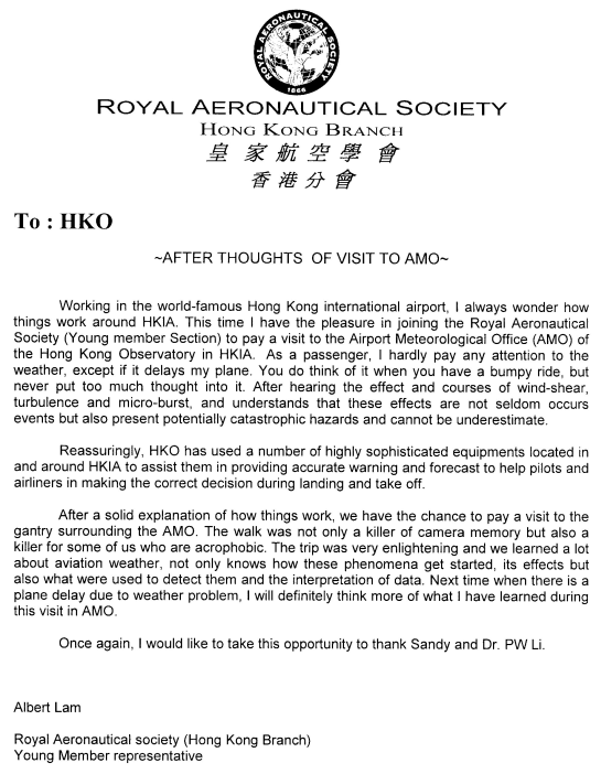Compliment to Hong Kong Observatory staff from the Royal Aeronautical Society (Hong Kong Branch)