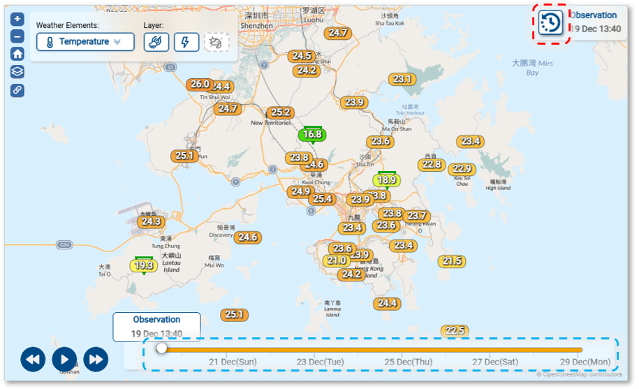 Figure 1 The webpage providing a button (indicated with red dashed line) and a timeline (indicated with blue dashed line) for users to choose to view past, present and future weather data in Hong Kong