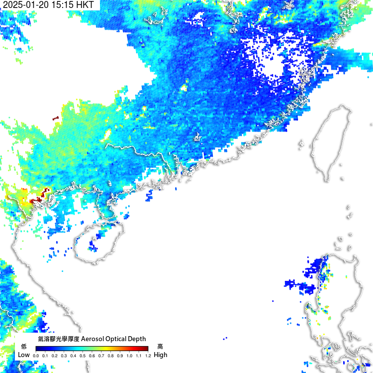 圖四 韓國GK-2B衛星的氣溶膠光學厚度圖像幫助監測華南及南海北部的能見度。