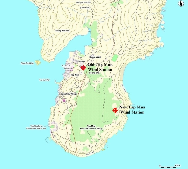 Locations of the new and old wind stations at Tap Mun.