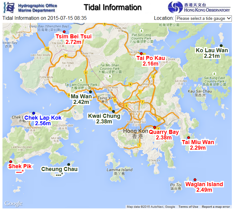 Latest tide observation data recorded at the 11 tide gauge stations in Hong Kong on a GIS-based map